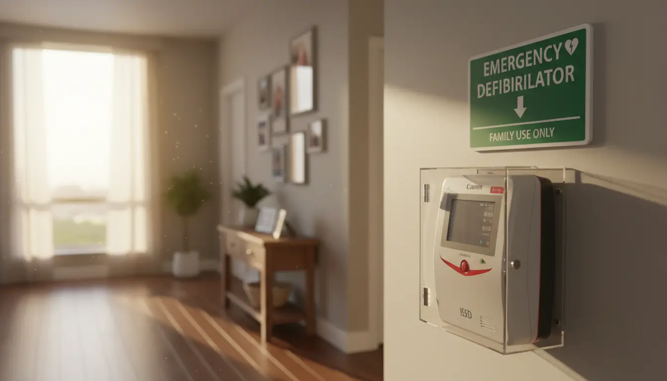 Family home emergency defibrillator mounted in a hallway with clear signage