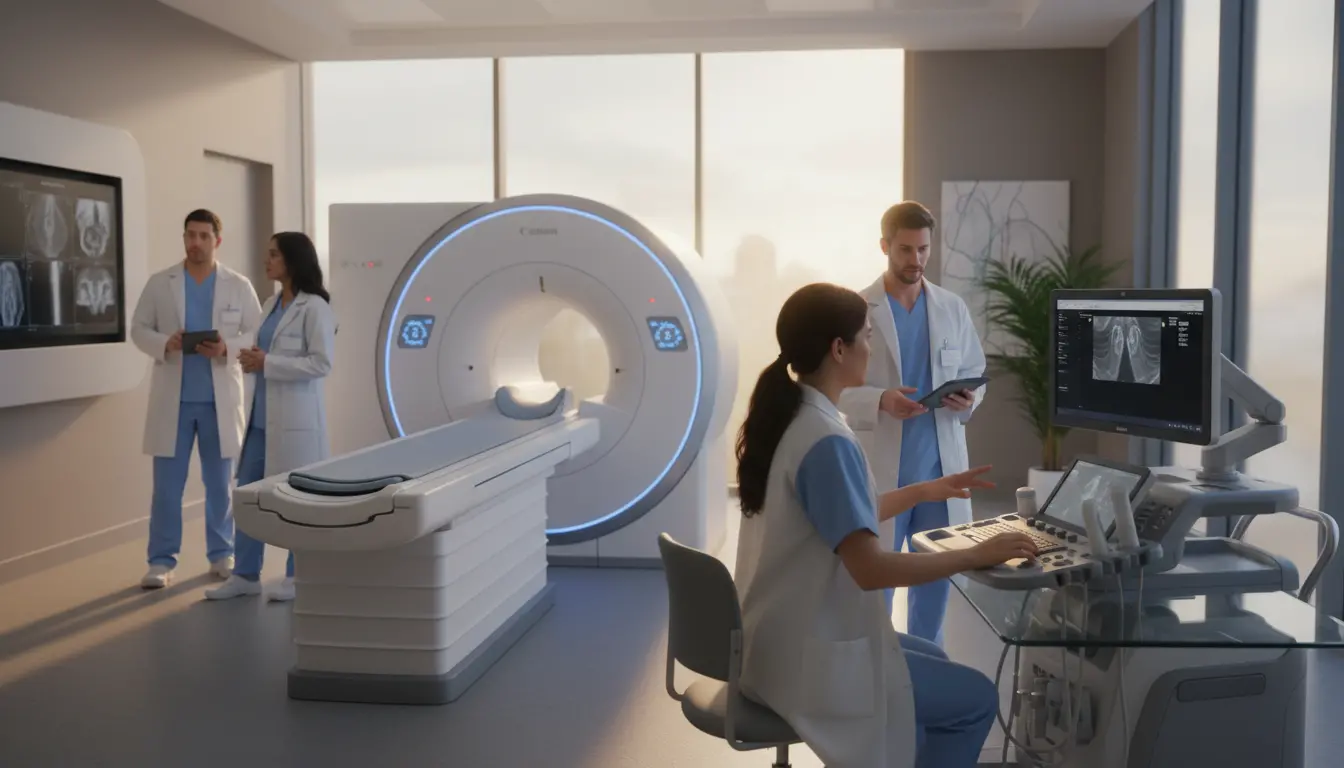 Modern medical imaging suite with MRI scanner, ultrasound workstation and radiology team